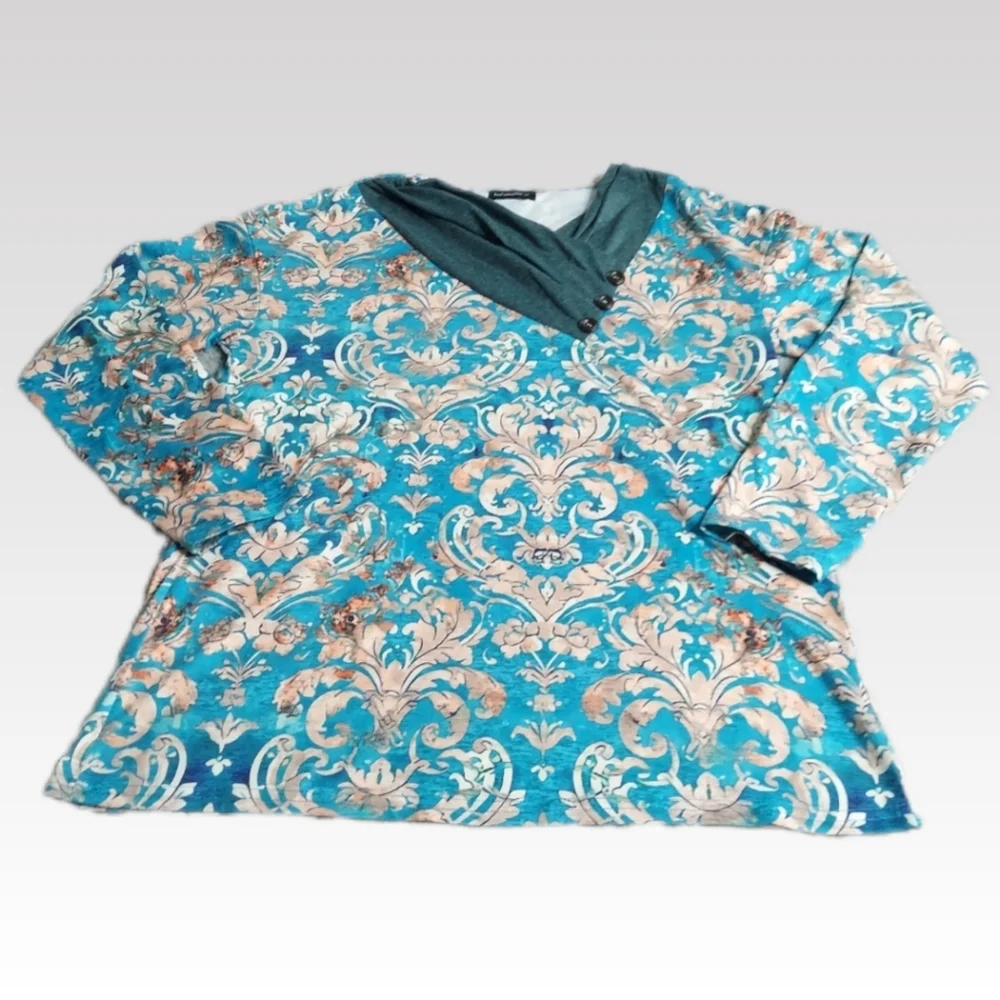 Just Fashion Pullover Top M Blue Paisley Mock Button Collar Soft Cozy Pullover - Picture 1 of 13
